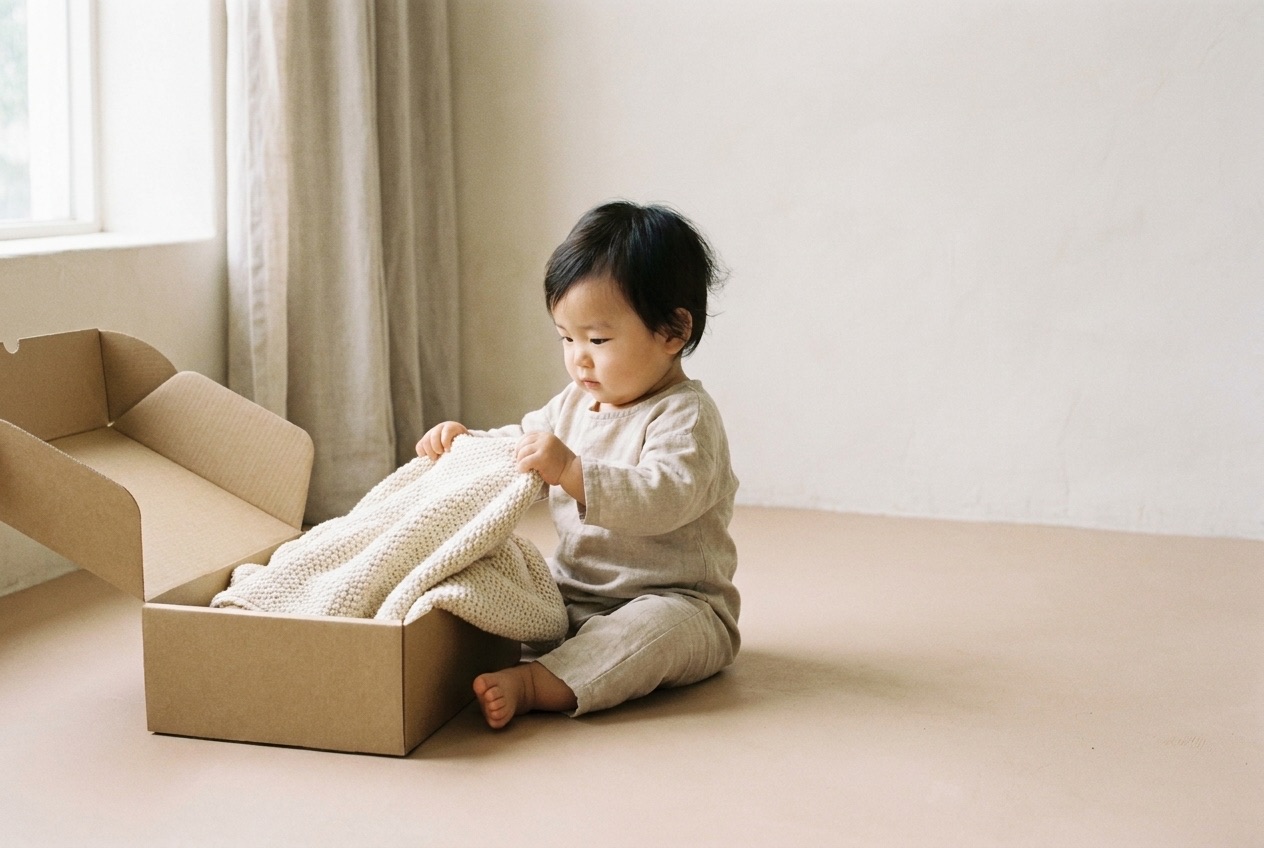 包装紙とひもでくるんだ小包に手をのばす赤ちゃん