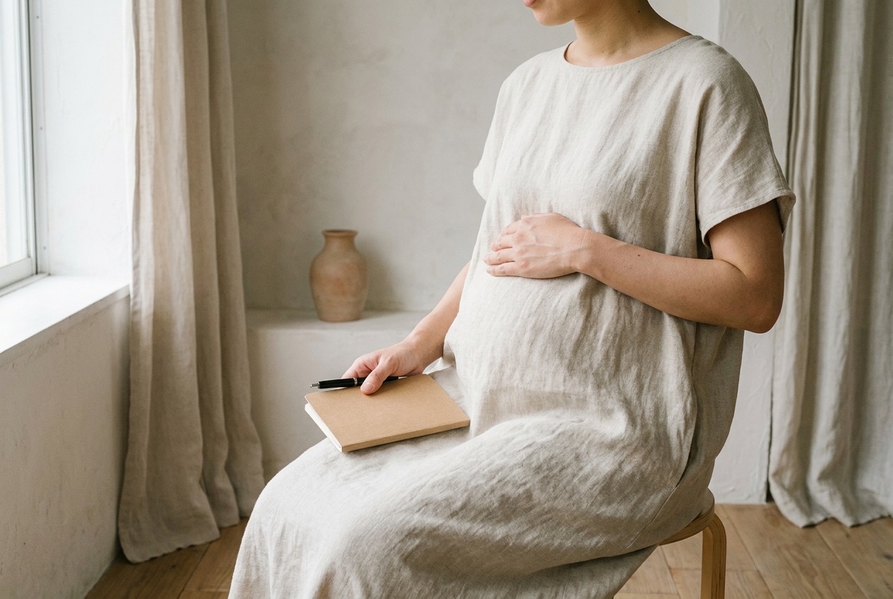 おなかに手を当てて、ノートを持つ妊婦さん