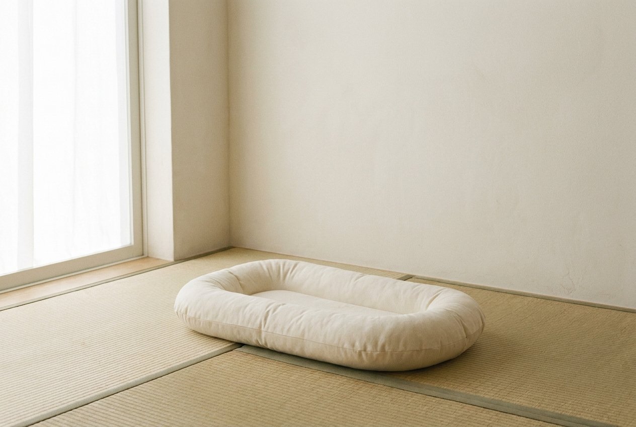 畳の部屋の床に置かれた、無地の小さな丸いクッション状の寝具