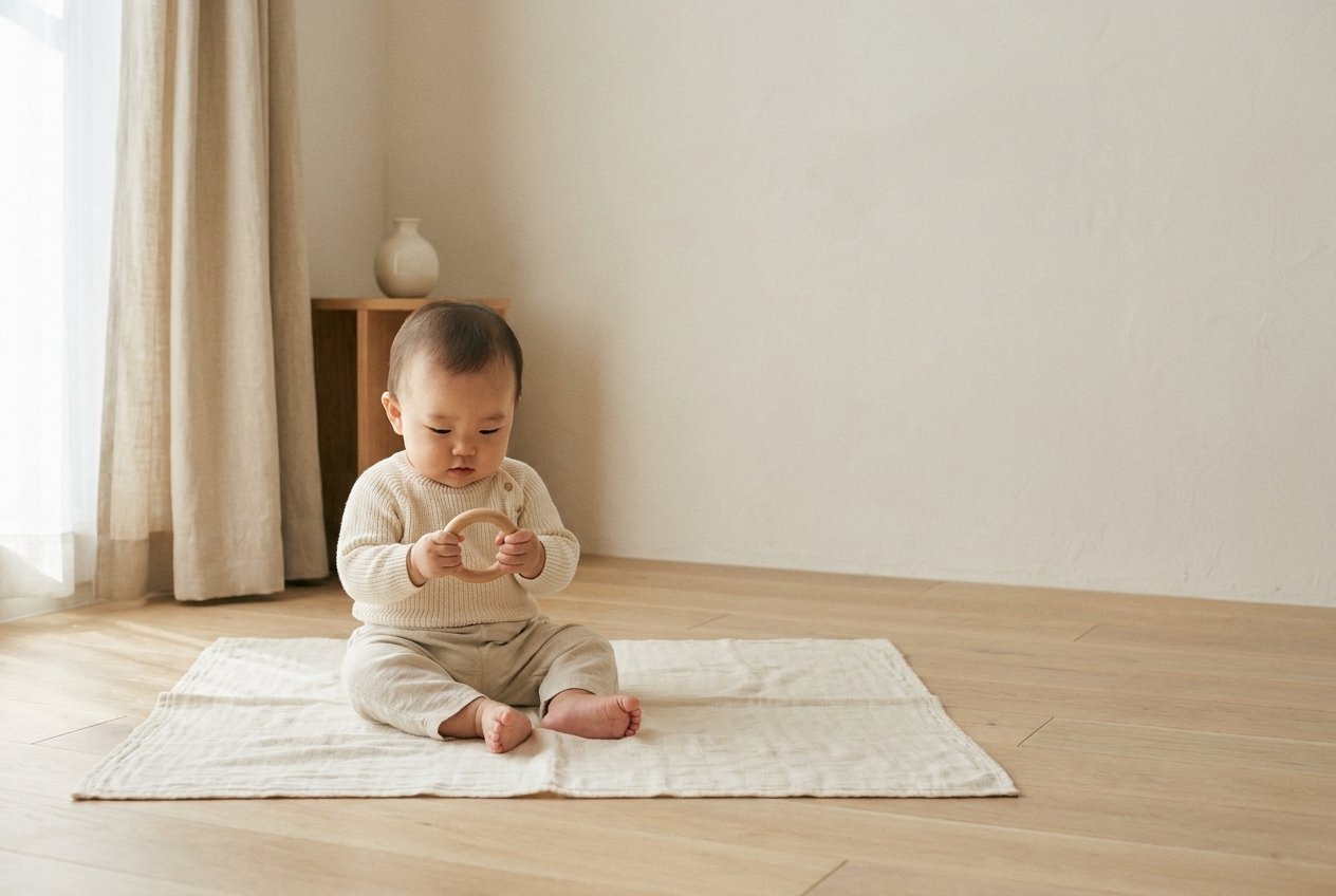 床に広げたガーゼのブランケットと、その上で遊ぶ赤ちゃん