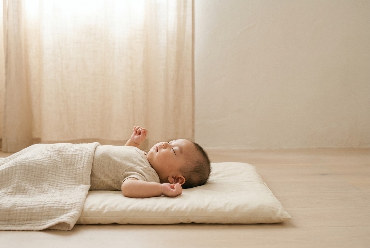 夏の部屋で、綿のふとんの上に眠る赤ちゃん