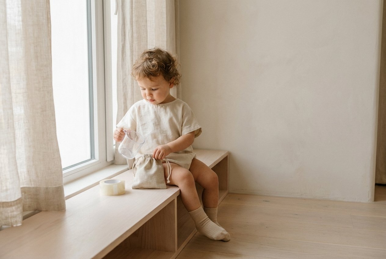 透明のコップと、ひもつきの小さな布袋が、棚の上に並んでいる
