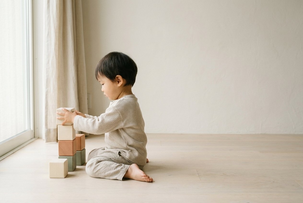 明るい窓辺で、半そでの綿の服を着た幼児が床にすわって積み木で遊ぶ