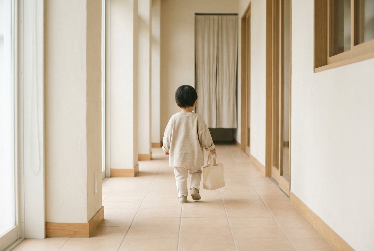 保育園の廊下を、小さなかばんを持った幼児が歩いていく後ろ姿